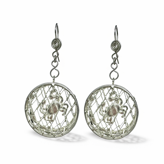 Pair of silver earrings with intricate designs on a white background
